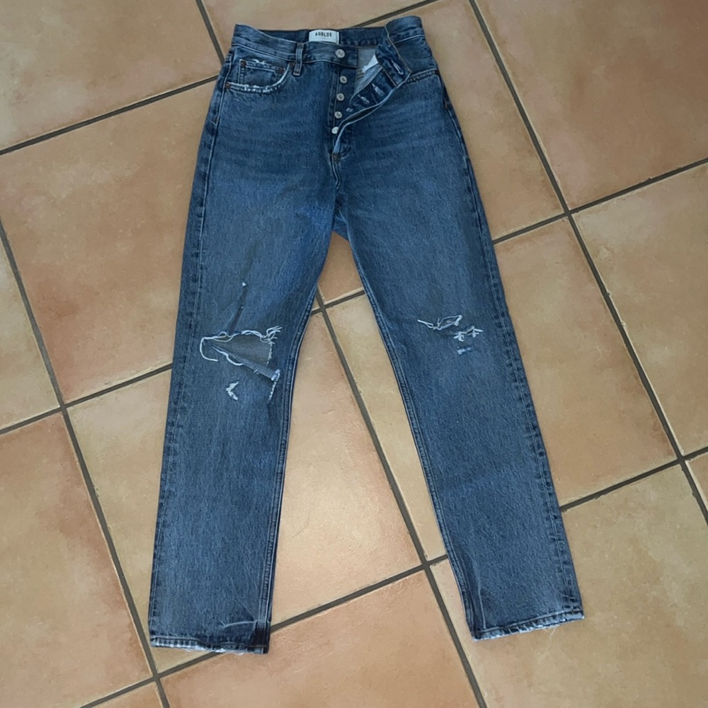 Blue Denim Distressed High Waisted Button Straight Leg Jeans - Agolde - Size 25